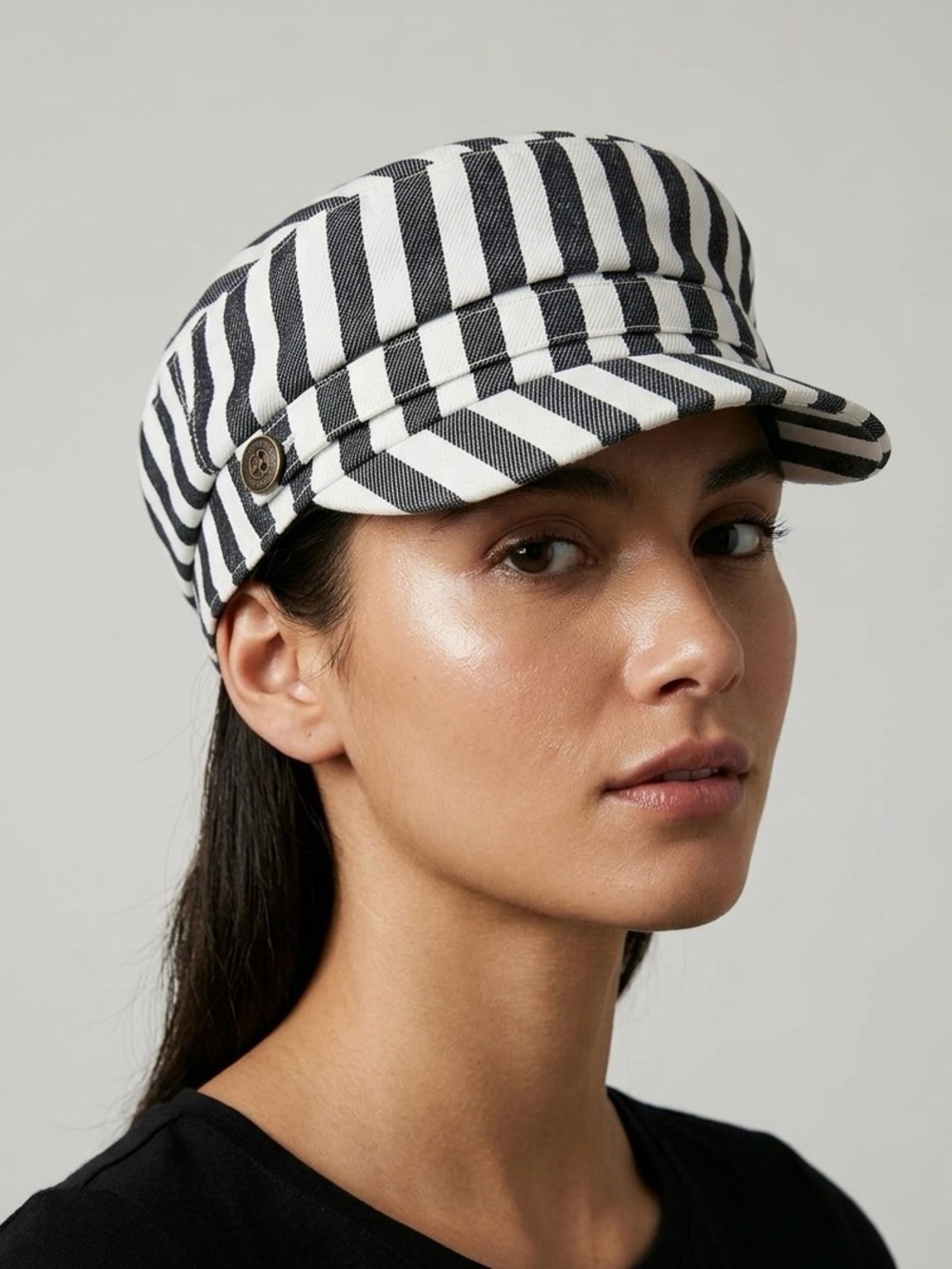Striped Black and White baker boy cap